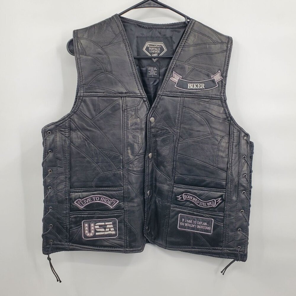 DIAMOND PLATE Buffalo Faux Leather Biker Vest Size Large NWT All Over Patches